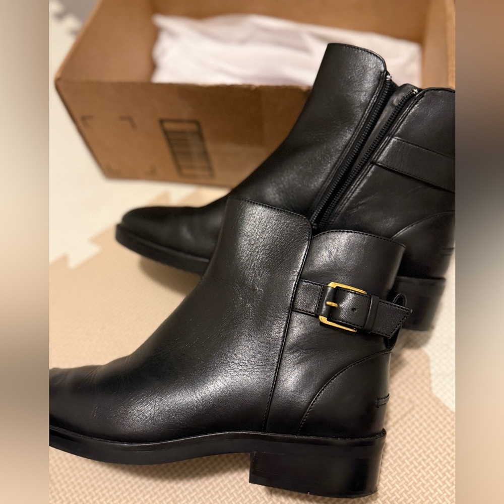 Cole Haan Black Leather Ankle Booties with Gold Buckle